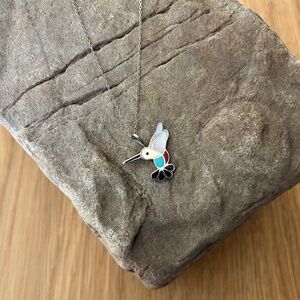 Zuni Hummingbird Colibri Pendant Necklace Sterling Silver Turquoise Inlay Bird
